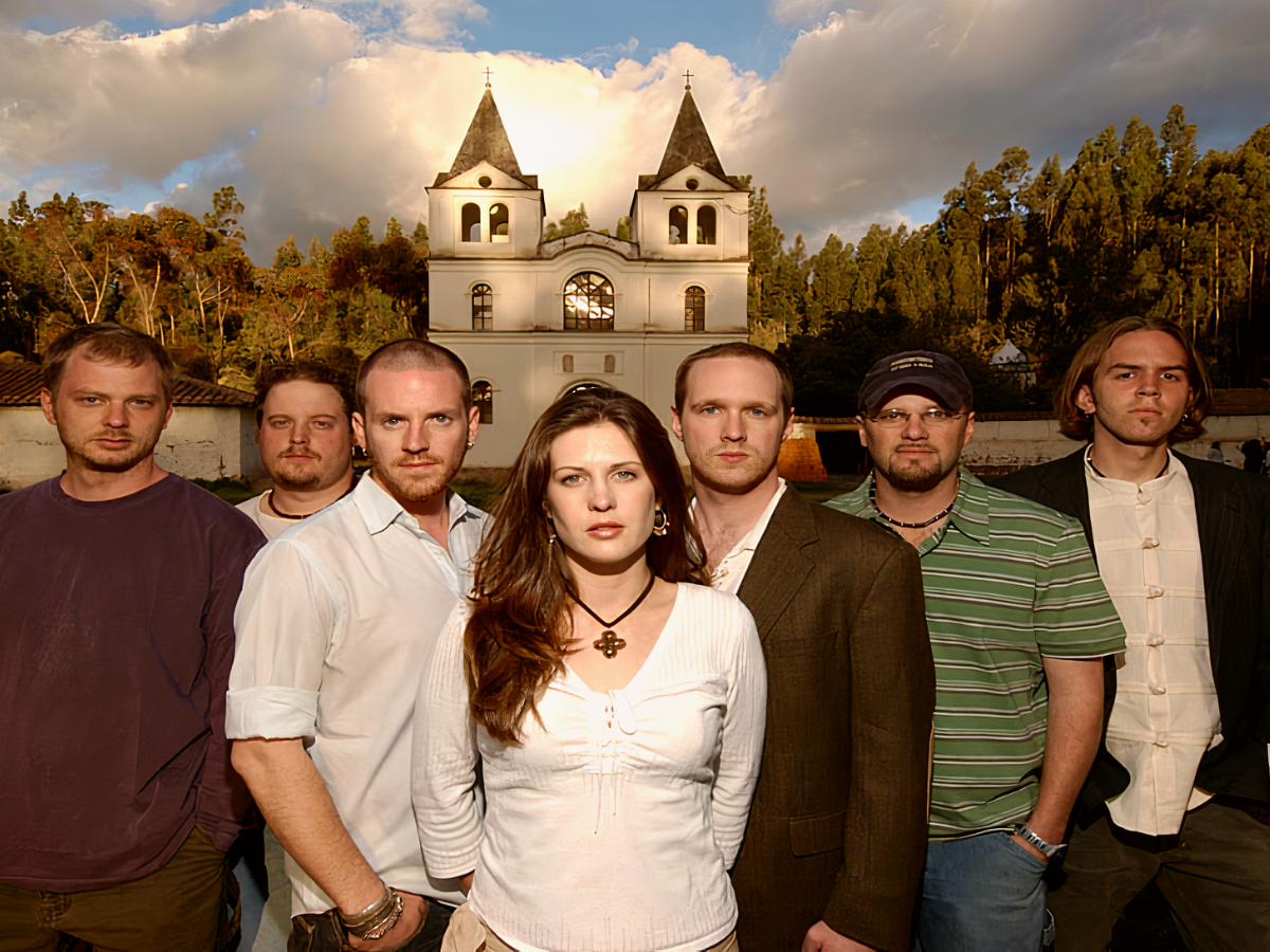 Contemporary Christian band Caedmon's Call group photo in front of a church - My Christian Musician