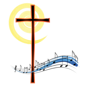 Red and black cross in front of yellow swirl with music notes for Covenant Awards - My Christian Musician