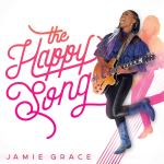 Jamie Grace happily plays a guitar as a cover art for her song, with a text on the right that displaying "The Happy Song" - My Christian Musician